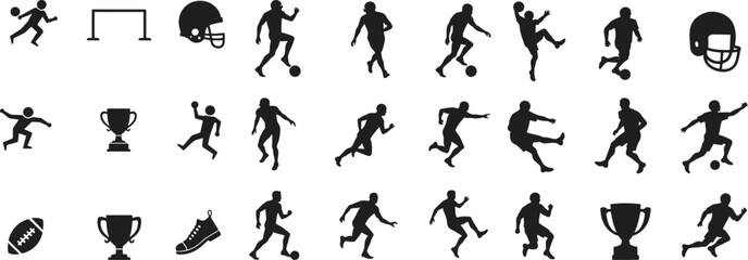 Silhouette Football Icons Set. Soccer, Sport, Ball, Goal, Team, Player, Play Logo, Icon. Vector Illustration