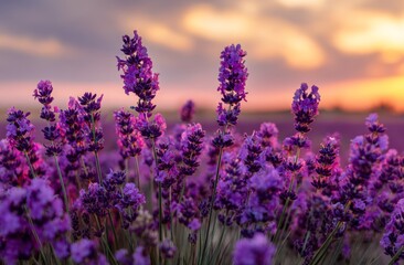 Obraz premium Lavender Field at Sunset: Purple Flowers Bloom Vibrantly in Golden Hour Light, Tranquil Nature Scene.