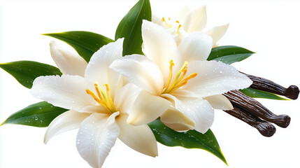 Fototapeta premium Beautiful white lilies with green leaves and vanilla pods, evoking fresh and fragrant atmosphere