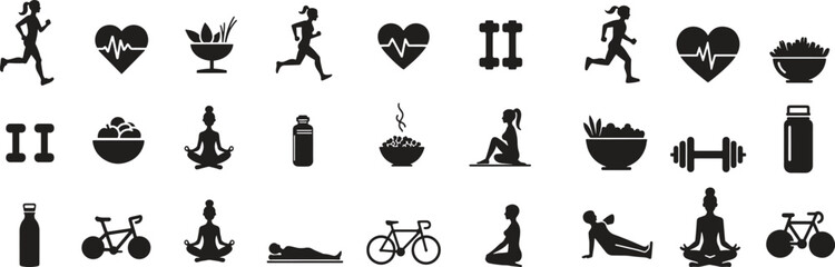 Silhouette Healthy Lifestyle Icons Set. Wellness, Fitness, Nutrition, Logo, Exercise, Balance Icon. Vector Illustration