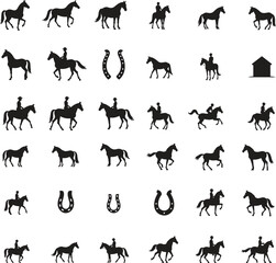 Silhouette Horse Icons Set. Animal, Riding, Farm, Set, Equestrian, Logo, Wild, Icon. Vector Illustration