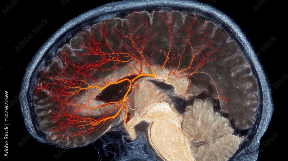 Poster vivid brain scan showcasing cerebral arteries and neurological health insight