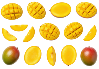 Mango slices & whole fruit, various cuts isolated on white background