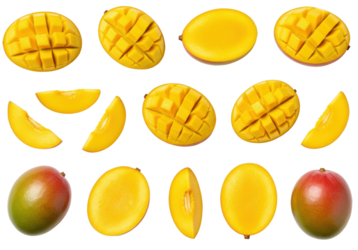 Mango slices & whole fruit, various cuts isolated on white background