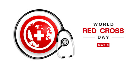May 8th is World Red Cross Day. Stethoscope, earth and plus icon. Suitable for posters, banners, social media and more. White background. 