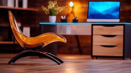 Modern workspace featuring a stylish orange chair and a sleek desk with computer in cozy setting