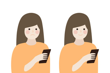 Happy and sad girl hand holding smartphone. Teenager with mobile phone addiction problem. Communication, mental health, internet, social concept. Flat people character vector design illustrations.