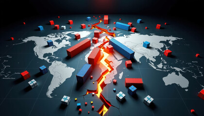 dramatic depiction of trade war impact with shipping containers and cracked world map symbolizing tariffs