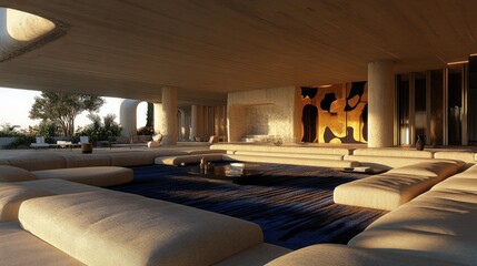 Fototapeta premium Spacious, modern outdoor living space with luxurious seating. Sun-drenched, contemporary design