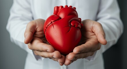Holding Red Anatomical Heart Model in Human Hands with White Coat