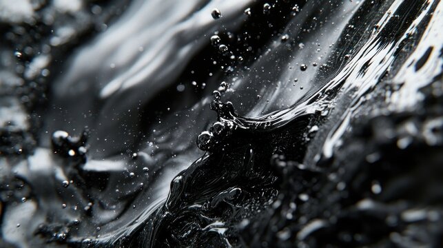 Abstract liquid texture, close-up view of flowing, dark substance with bubbles and streaks