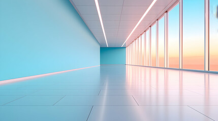 Obraz premium Modern Minimalist Office Corridor with Pastel Blue Walls and Sunset View