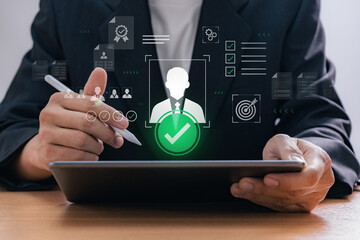 Digital recruitment process with HR manager selecting candidate using tablet in office environment, representing human resource technology and online hiring system in modern business workflow