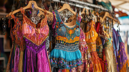 Fototapeta premium Colorful bohemian dresses with intricate patterns hang on a clothing rack at an outdoor market, inviting shoppers to browse for unique fashion finds today.
