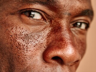 Close-up facial portrait of a man with skin imperfections.