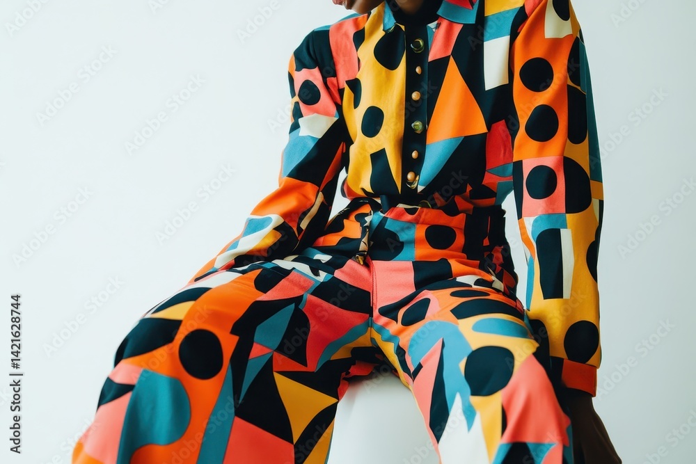 Aufkleber Vibrant fashion display featuring a modern outfit with bold geometric patterns in a minimalist studio setting