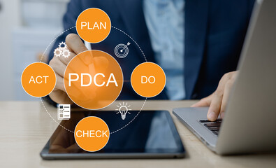 Businessman analyzes PDCA, systematic process of improving the organization work, The goal is to...