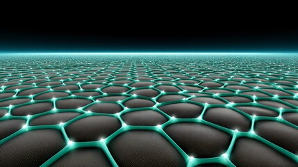 Naklejka premium A seamless dark matrix of 3D wireframe cubes connected by luminescent teal nodes on a black gradient