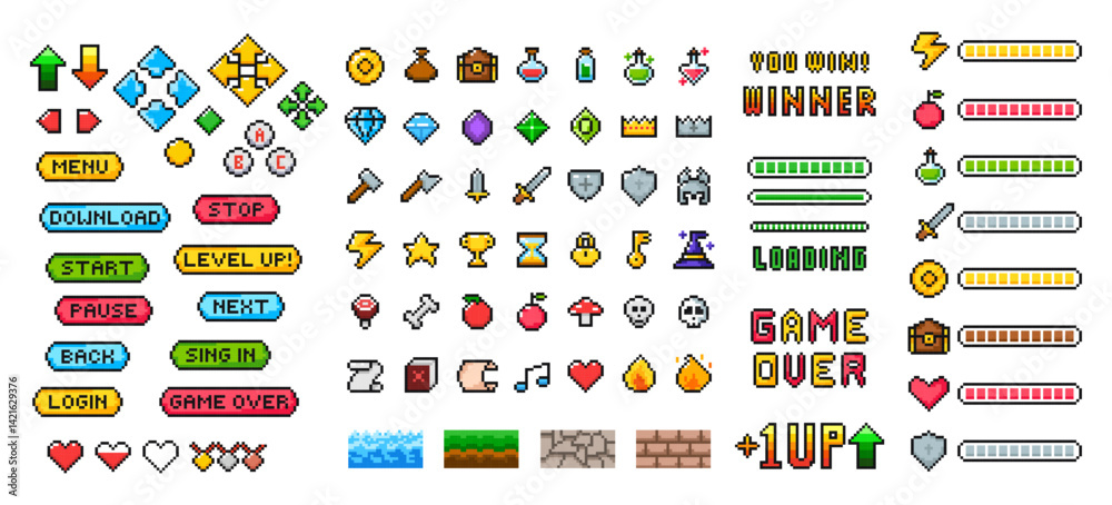 Wall mural pixel game menu resources, level, live bars and buttons. game interface, pixelated life bar and menu