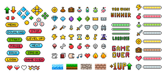 Pixel game menu resources, level, live bars and buttons. Game interface, pixelated life bar and menu button, game controller arrows, pixel art gaming magic items, button 8 bit pixel.