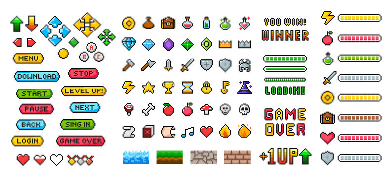 Pixel game menu resources, level, live bars and buttons. Game interface, pixelated life bar and menu button, game controller arrows, pixel art gaming magic items, button 8 bit pixel.
