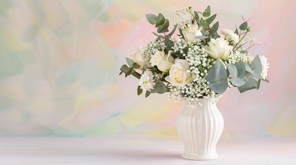 Fototapeta premium Charming wedding flower arrangement featuring ivory roses delicate babys breath eucalyptus leaves elegant white ceramic vase set against soft pastel background 