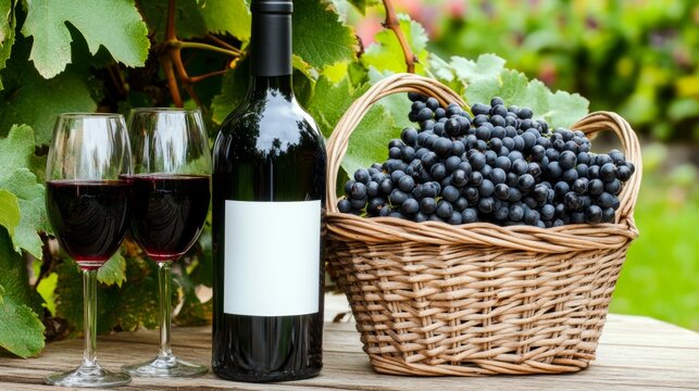 A bottle of red wine, two glasses of purple wine, and fresh grapes in a wicker basket on a wooden table, surrounded by lush vineyards and sunlight, creating a serene outdoor atmosphere.