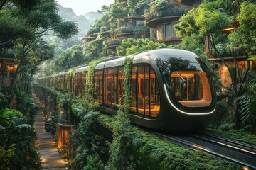 Fototapeta premium Futuristic train in lush tropical setting