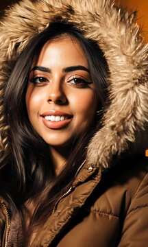 Winter fashion: young hispanic woman in fur hood smiling