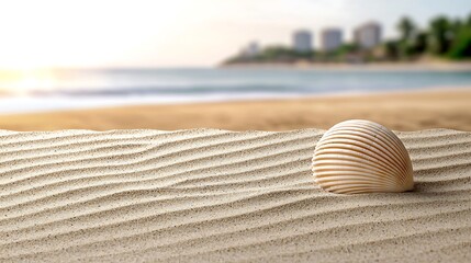Seashell in sand on tropical beach with blurry skyline on sunny horizon, calm waves