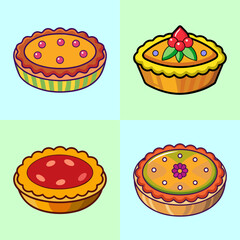 Assorted cartoon pies illustration featuring cherry, flower and strawberry fillings and toppings