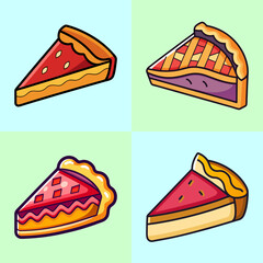 Stylized Cartoon Pie Slice Collage with Various Filling and Crust Designs