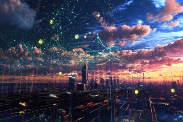 Cloudy skyline with digital connections and currency symbols above a vibrant cityscape