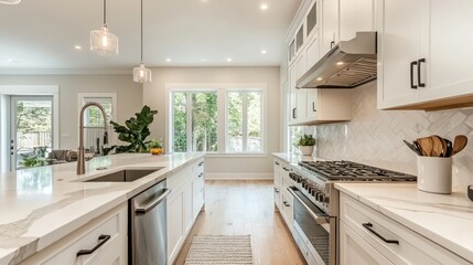 Modern White Kitchen Design with Island and Stainless Steel Appliances
