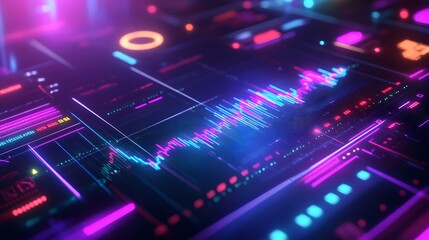 Obraz premium Digital Stock Market: An abstract digital representation of the stock market, a wave of vibrant blue and pink digital data fluctuates amidst a dark futuristic digital grid.