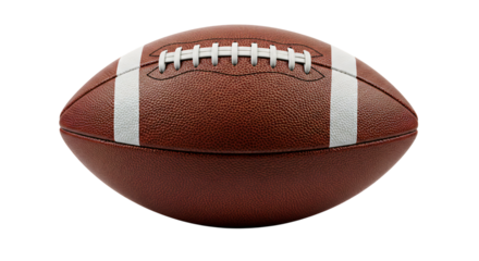 Close-up of a classic brown American football isolated on white background, showcasing texture and white laces for sports-related concepts.