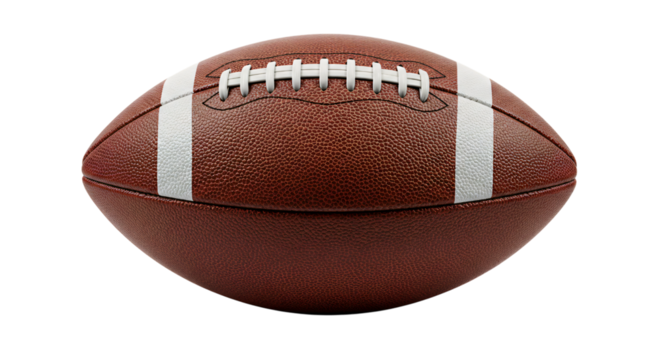 Close-up of a classic brown American football isolated on white background, showcasing texture and white laces for sports-related concepts.