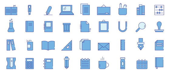Minimalist stationery icons with blue outlines and soft color fills.