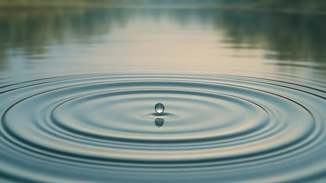 A single water droplet falls onto the smooth surface of a serene lake, creating concentric ripples that expand outward. The scene captures the tranquil beauty of early morning light, illuminating the