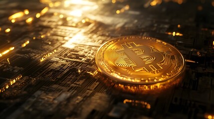 Digital Currency Symbol: A gleaming golden Bitcoin rests majestically upon a microchip, representing the fusion of digital currency and technology, against the backdrop of financial revolution.