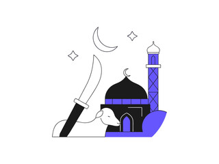 Islamic Symbols Silhouette of Mosque, Goat, Crescent Moon, and Lantern, Silhouette illustration of Islamic religious symbols for Eid al-Adha.