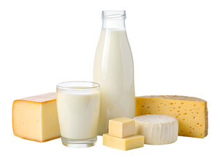 Dairy products, milk, sour cream, cheese, mozzarella, yogurt isolated on transparent background