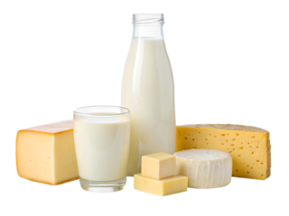 Dairy products, milk, sour cream, cheese, mozzarella, yogurt isolated on transparent background