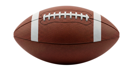 Classic brown American football with white stripes and laces isolated on white background for sports or athletic design themes