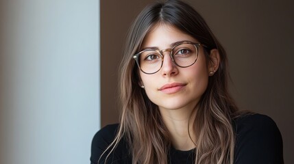 Fototapeta premium Young woman with glasses in thoughtful pose, conveying creativity and intellect