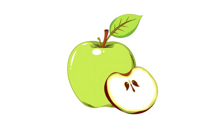Green apple with green leaf and cut slice with seed isolated on transparent background, hand-drawn digital illustration. White tone