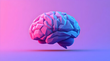 Low Poly Brain 3D Render in Pink and Blue Neon Light