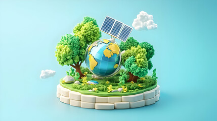 Low Poly Earth with Solar Panel and Lush Green Trees on a Circular Island