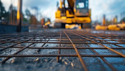 Photo of steel mesh on construction site, excavator in background, focus on iron grid and concrete pouring in bottom right corner, blurred background.