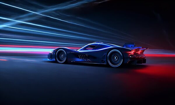 Side view of a black futuristic hypercar driving on the road, with motion blur and light trails behind the car, and red lights around the wheels.